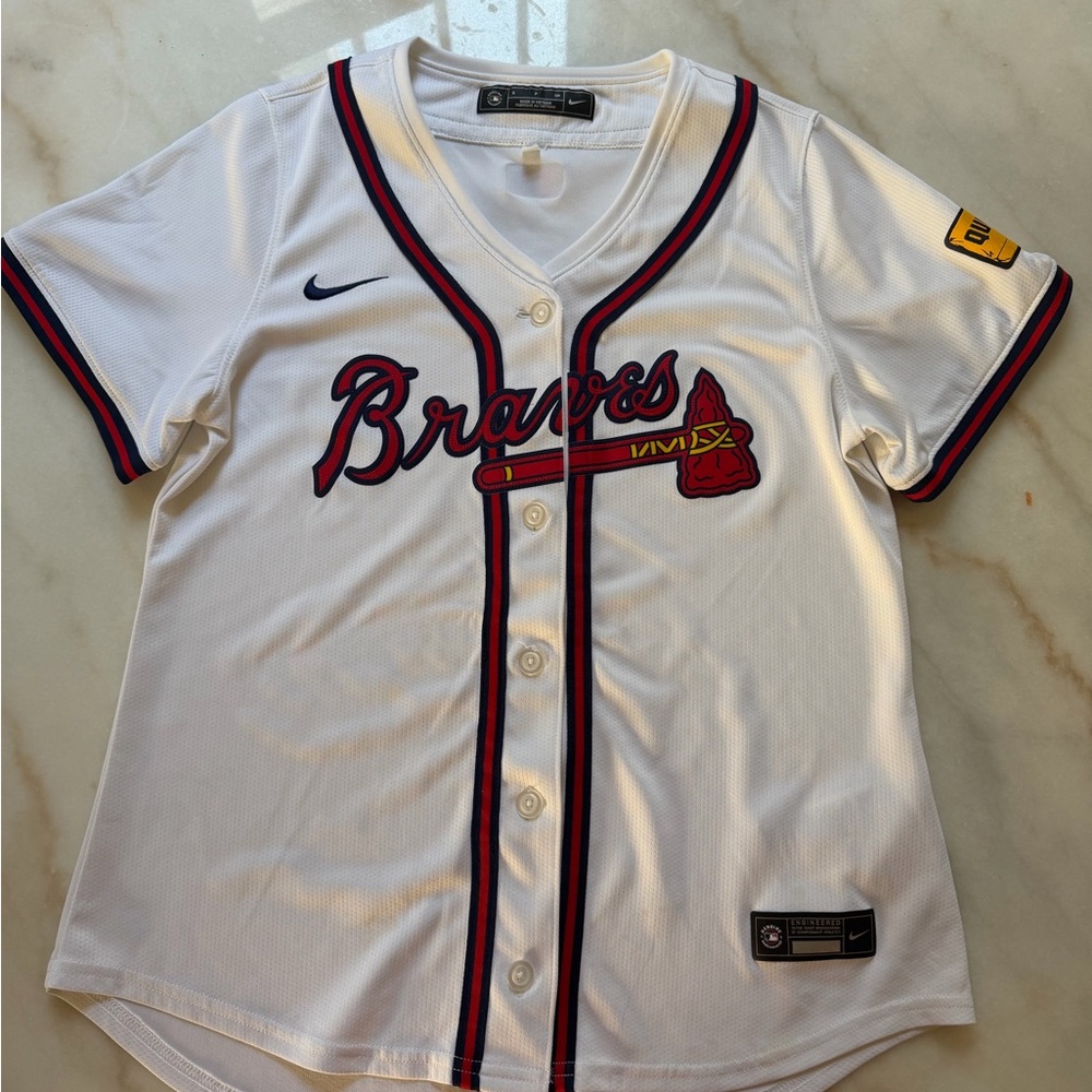 Nike White Braves Jersey with Red and Blue Trim (MBL Quikrete)